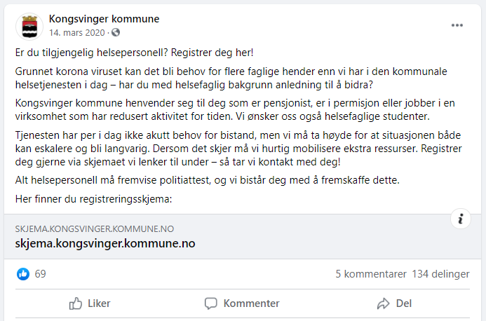 Facebookpost Kongsvinger kommune